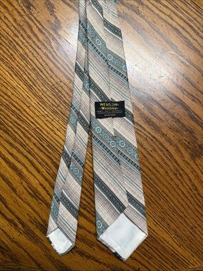 Wembley Beige Tie with Teal and Gray Diagonal Motif